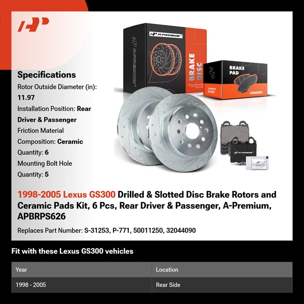 1998-2005 Lexus GS300 Drilled & Slotted Disc Brake Rotors and Ceramic Pads Kit, 6 Pcs, Rear Driver & Passenger, A-Premium, APBRPS626