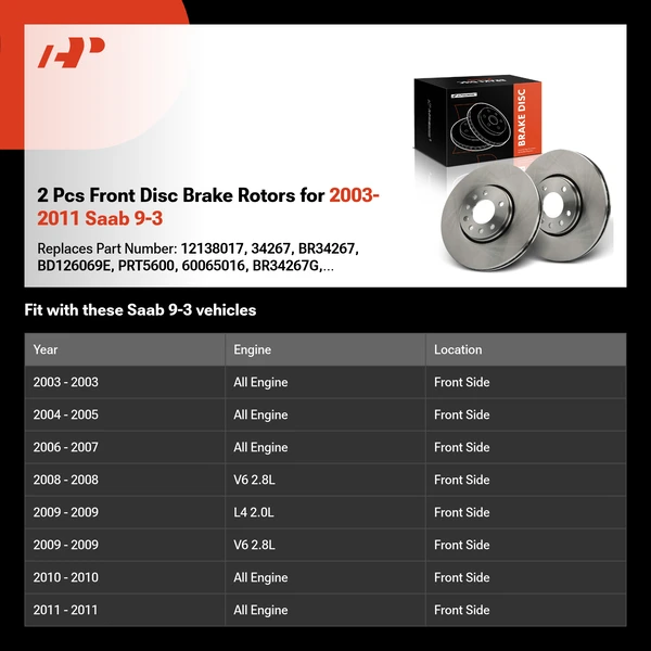 2 Pcs Front Disc Brake Rotors for 2003-2011 Saab 9-3