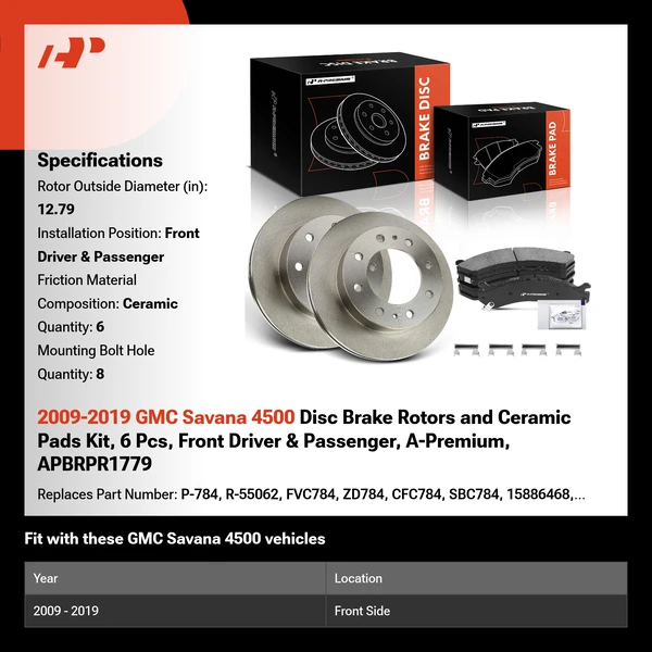 2009-2019 GMC Savana 4500 Disc Brake Rotors and Ceramic Pads Kit, 6 Pcs, Front Driver & Passenger, A-Premium, APBRPR1779