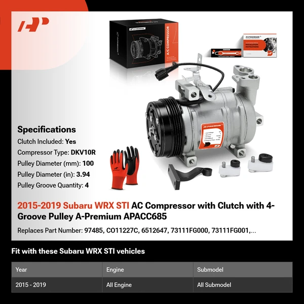 2015-2019 Subaru WRX STI AC Compressor with Clutch with 4-Groove Pulley A-Premium APACC685