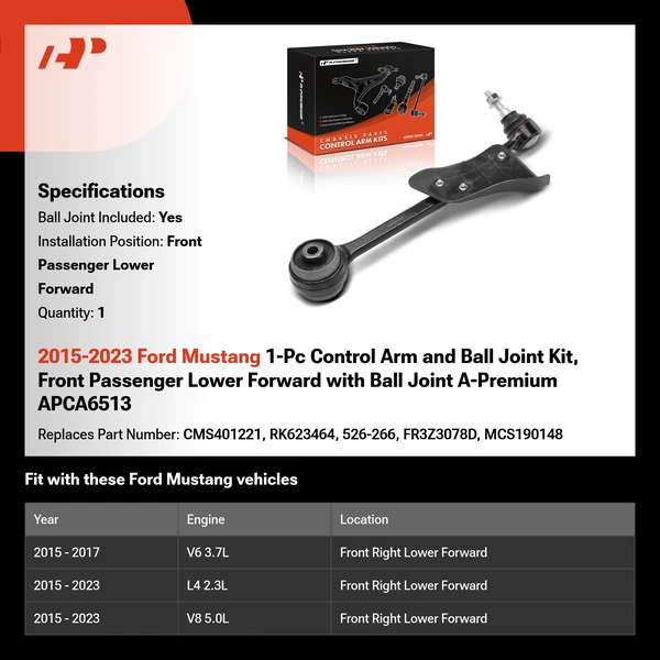 2015-2023 Ford Mustang 1-Pc Control Arm and Ball Joint Kit, Front Passenger Lower Forward with Ball Joint A-Premium APCA6513