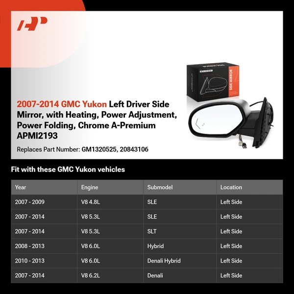 2007-2014 GMC Yukon Left Driver Side Mirror, with Heating, Power Adjustment, Power Folding, Chrome A-Premium APMI2193