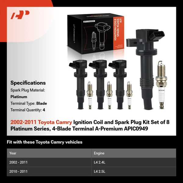 2002-2011 Toyota Camry Ignition Coil and Spark Plug Kit Set of 8 Platinum Series, 4-Blade Terminal A-Premium APIC0949