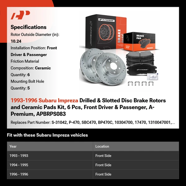 1993-1996 Subaru Impreza Drilled & Slotted Disc Brake Rotors and Ceramic Pads Kit, 6 Pcs, Front Driver & Passenger, A-Premium, APBRPS083