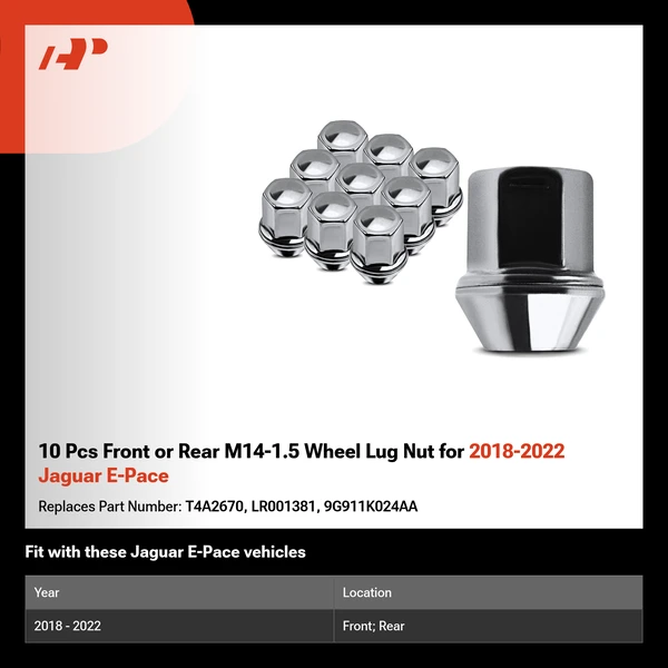 10 Pcs Front or Rear M14-1.5 Wheel Lug Nut for 2018-2022 Jaguar E-Pace