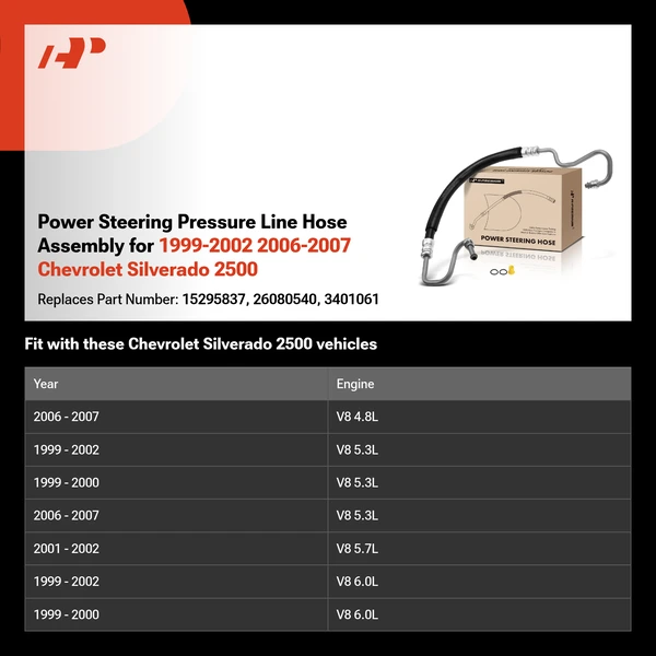 Power Steering Pressure Line Hose Assembly for 1999-2002 2006-2007 Chevrolet Silverado 2500