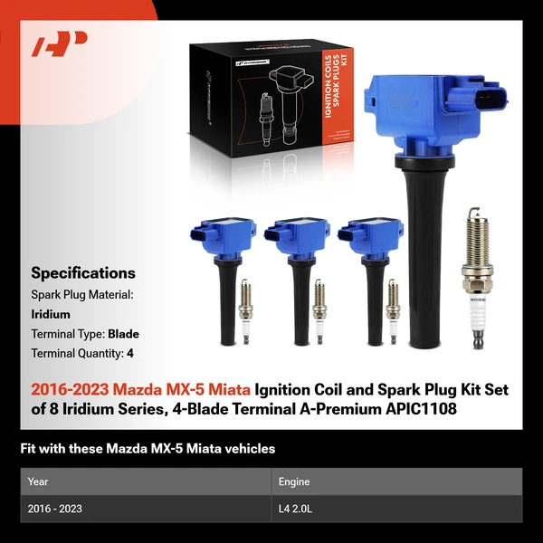 2016-2023 Mazda MX-5 Miata Ignition Coil and Spark Plug Kit Set of 8 Iridium Series, 4-Blade Terminal A-Premium APIC1108