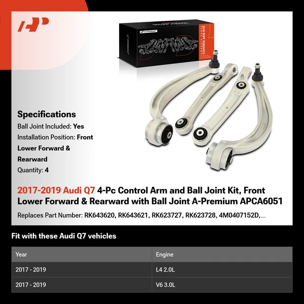 2017-2019 Audi Q7 4-Pc Control Arm and Ball Joint Kit, Front Lower Forward & Rearward with Ball Joint A-Premium APCA6051