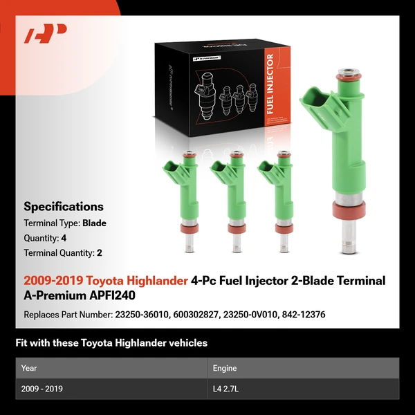 2009-2019 Toyota Highlander 4-Pc Fuel Injector 2-Blade Terminal A-Premium APFI240