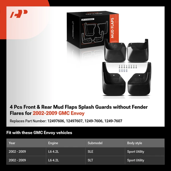 4 Pcs Front & Rear Mud Flaps Splash Guards without Fender Flares for 2002-2009 GMC Envoy