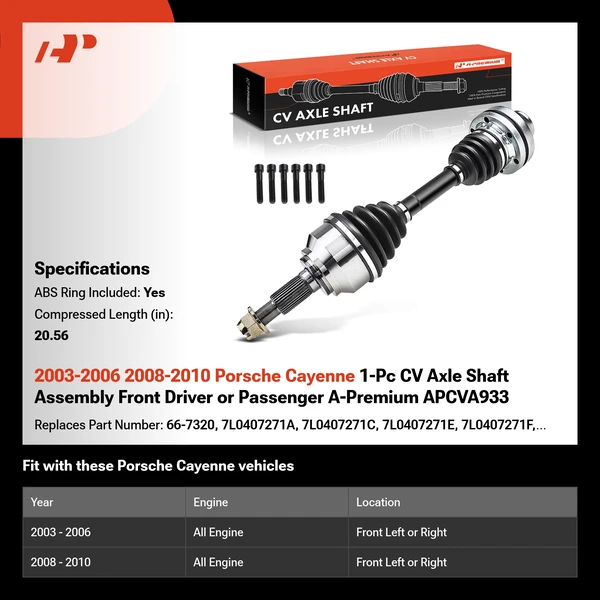 2003-2006 2008-2010 Porsche Cayenne 1-Pc CV Axle Shaft Assembly Front Driver or Passenger A-Premium APCVA933
