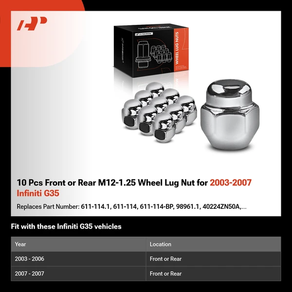 10 Pcs Front or Rear M12-1.25 Wheel Lug Nut for 2003-2007 Infiniti G35