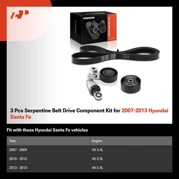 3 Pcs Serpentine Belt Drive Component Kit for 2007-2013 Hyundai Santa Fe