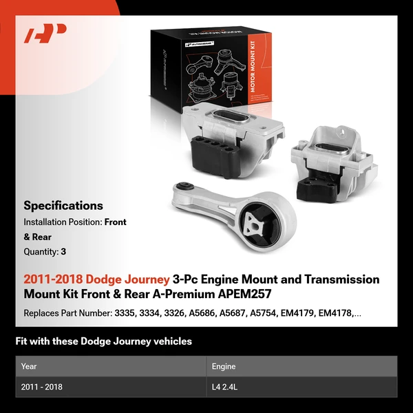 2011-2018 Dodge Journey 3-Pc Engine Mount and Transmission Mount Kit Front & Rear A-Premium APEM257