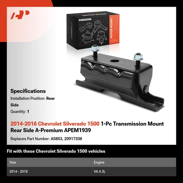 2014-2018 Chevrolet Silverado 1500 1-Pc Transmission Mount Rear Side A-Premium APEM1939