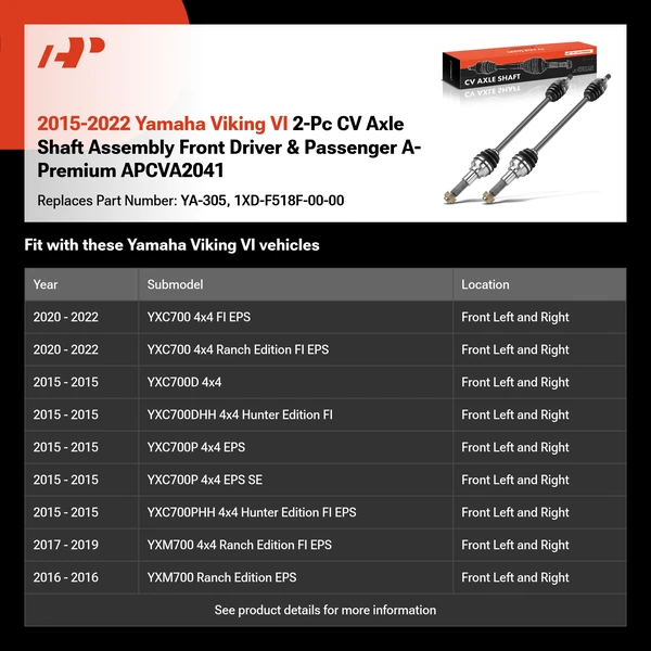 2015-2022 Yamaha Viking VI 2-Pc CV Axle Shaft Assembly Front Driver & Passenger A-Premium APCVA2041