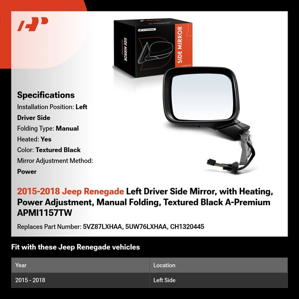 2015-2018 Jeep Renegade Left Driver Side Mirror, with Heating, Power Adjustment, Manual Folding, Textured Black A-Premium APMI1157TW