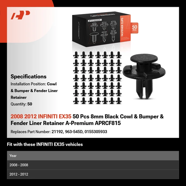 2008 2012 INFINITI EX35 50 Pcs 8mm Black Cowl & Bumper & Fender Liner Retainer A-Premium APRCF815
