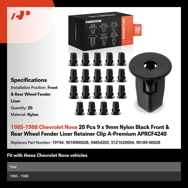 1985-1988 Chevrolet Nova 20 Pcs 9 x 9mm Nylon Black Front & Rear Wheel Fender Liner Retainer Clip A-Premium APRCF4240