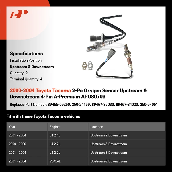 2000-2004 Toyota Tacoma 2-Pc Oxygen Sensor Upstream & Downstream 4-Pin A-Premium APOS0703