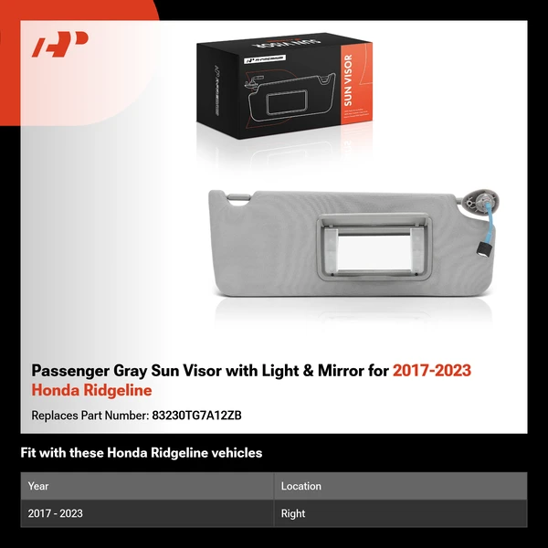 Passenger Gray Sun Visor with Light & Mirror for 2017-2023 Honda Ridgeline