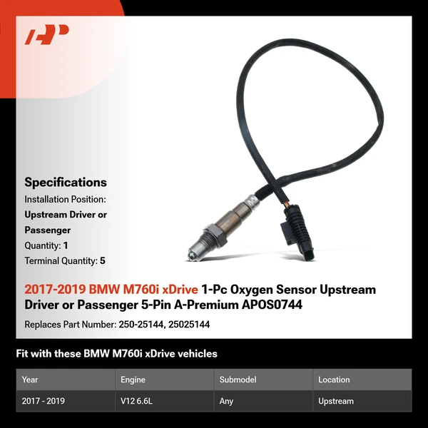 2017-2019 BMW M760i xDrive 1-Pc Oxygen Sensor Upstream Driver or Passenger 5-Pin A-Premium APOS0744