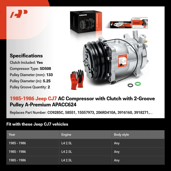1985-1986 Jeep CJ7 AC Compressor with Clutch with 2-Groove Pulley A-Premium APACC624
