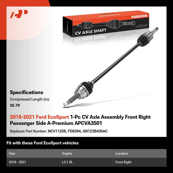 2018-2021 Ford EcoSport 1-Pc CV Axle Assembly Front Right Passenger Side A-Premium APCVA3501