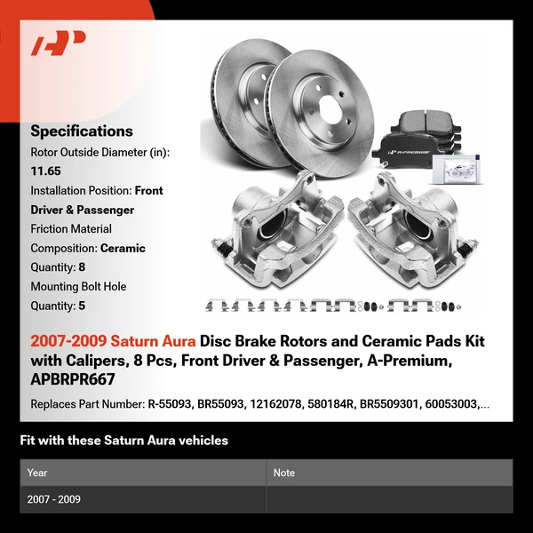 2007-2009 Saturn Aura Disc Brake Rotors and Ceramic Pads Kit with Calipers, 8 Pcs, Front Driver & Passenger, A-Premium, APBRPR667