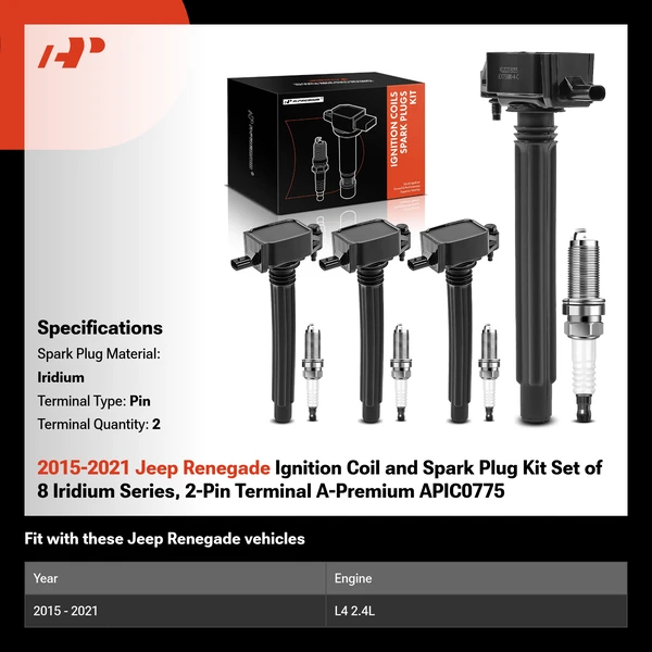 2015-2021 Jeep Renegade Ignition Coil and Spark Plug Kit Set of 8 Iridium Series, 2-Pin Terminal A-Premium APIC0775