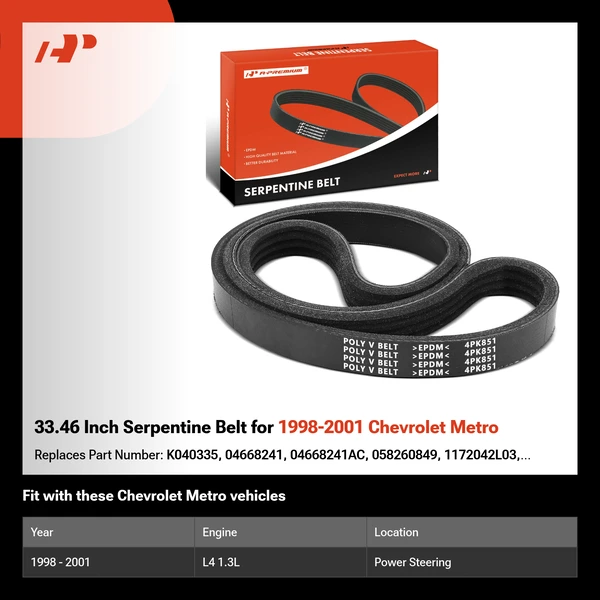 33.46 Inch Serpentine Belt for 1998-2001 Chevrolet Metro