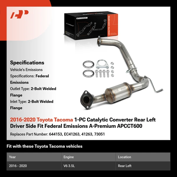 2016-2020 Toyota Tacoma 1-PC Catalytic Converter Rear Left Driver Side Fit Federal Emissions A-Premium APCCT600