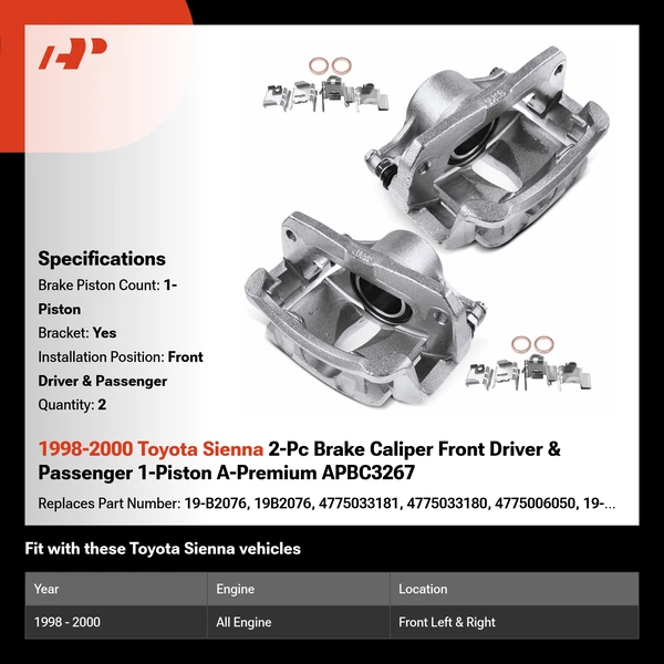 1998-2000 Toyota Sienna 2-Pc Brake Caliper Front Driver & Passenger 1-Piston A-Premium APBC3267
