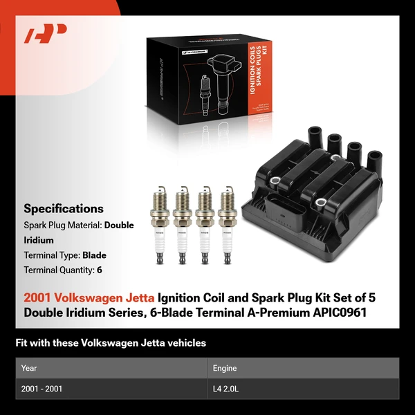 2001 Volkswagen Jetta Ignition Coil and Spark Plug Kit Set of 5 Double Iridium Series, 6-Blade Terminal A-Premium APIC0961