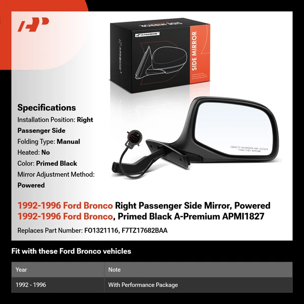 1992-1996 Ford Bronco Right Passenger Side Mirror, Powered 1992-1996 Ford Bronco, Primed Black A-Premium APMI1827