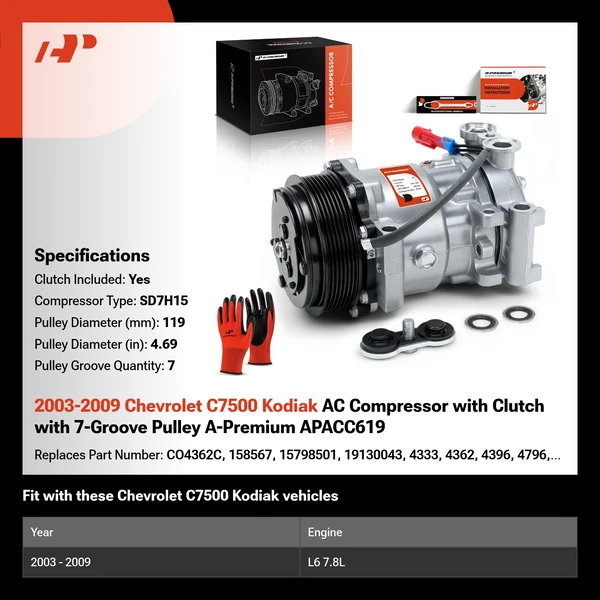 2003-2009 Chevrolet C7500 Kodiak AC Compressor with Clutch with 7-Groove Pulley A-Premium APACC619