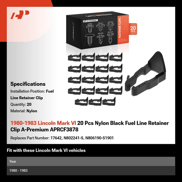 1980-1983 Lincoln Mark VI 20 Pcs Nylon Black Fuel Line Retainer Clip A-Premium APRCF3878