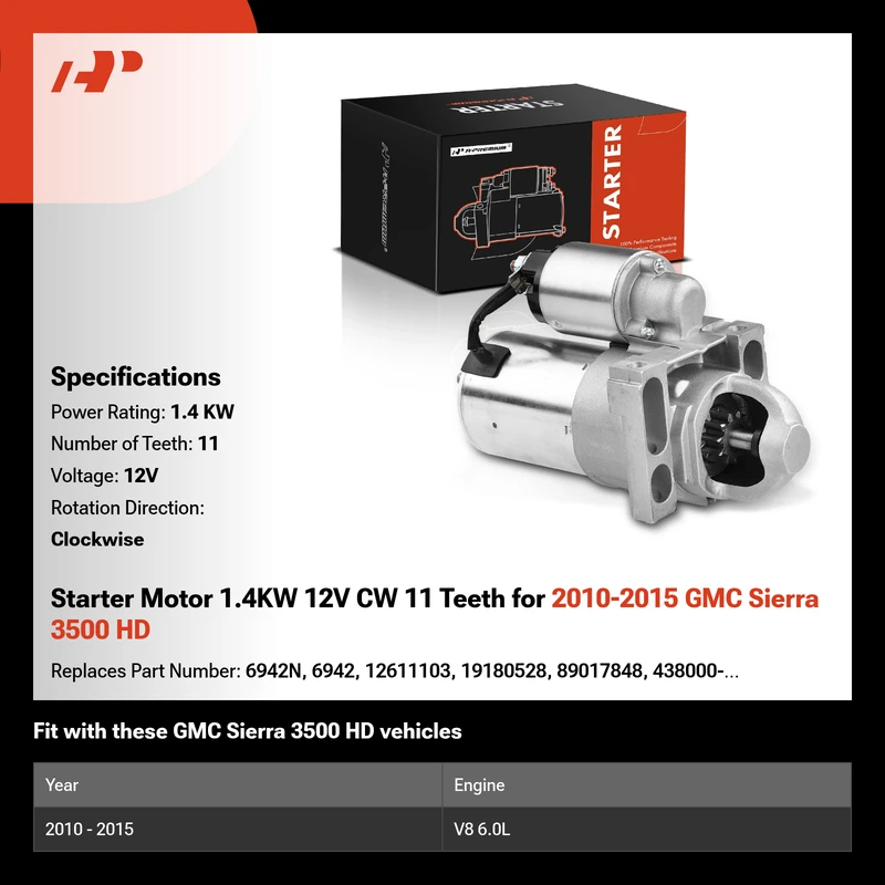 Starter Motor 1.4KW 12V CW 11 Teeth for 2010-2015 GMC Sierra 3500 HD