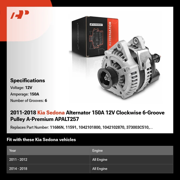 2011-2018 Kia Sedona Alternator 150A 12V Clockwise 6-Groove Pulley A-Premium APALT257