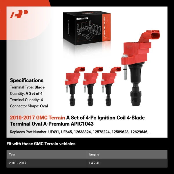 2010-2017 GMC Terrain A Set of 4-Pc Ignition Coil 4-Blade Terminal Oval A-Premium APIC1043