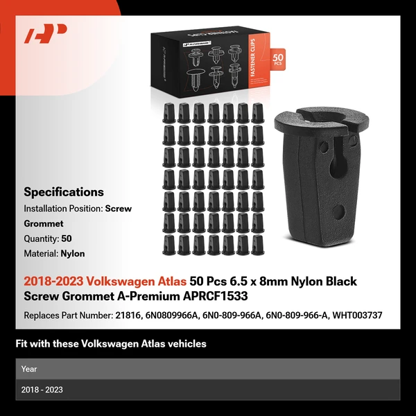 2018-2023 Volkswagen Atlas 50 Pcs 6.5 x 8mm Nylon Black Screw Grommet A-Premium APRCF1533
