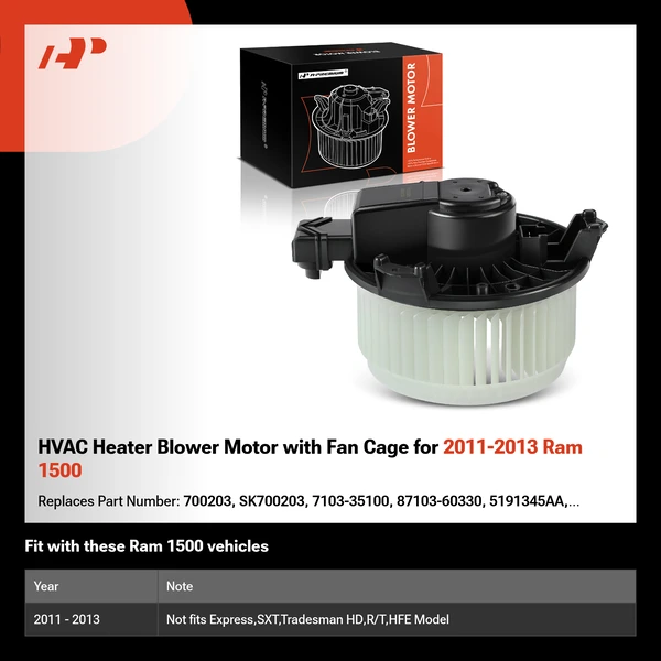 HVAC Heater Blower Motor with Fan Cage for 2011-2013 Ram 1500