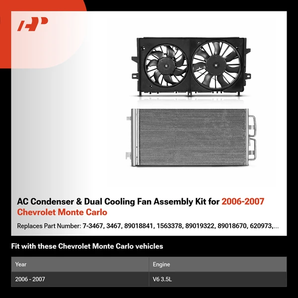 AC Condenser & Dual Cooling Fan Assembly Kit for 2006-2007 Chevrolet Monte Carlo