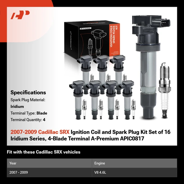 2007-2009 Cadillac SRX Ignition Coil and Spark Plug Kit Set of 16 Iridium Series, 4-Blade Terminal A-Premium APIC0817