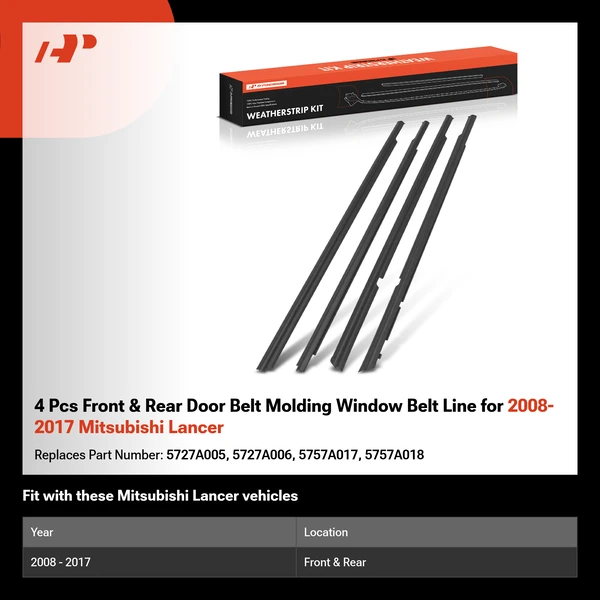 4 Pcs Front & Rear Door Belt Molding Window Belt Line for 2008-2017 Mitsubishi Lancer