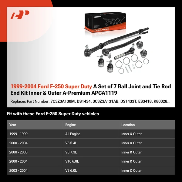 1999-2004 Ford F-250 Super Duty A Set of 7 Ball Joint and Tie Rod End Kit Inner & Outer A-Premium APCA1119