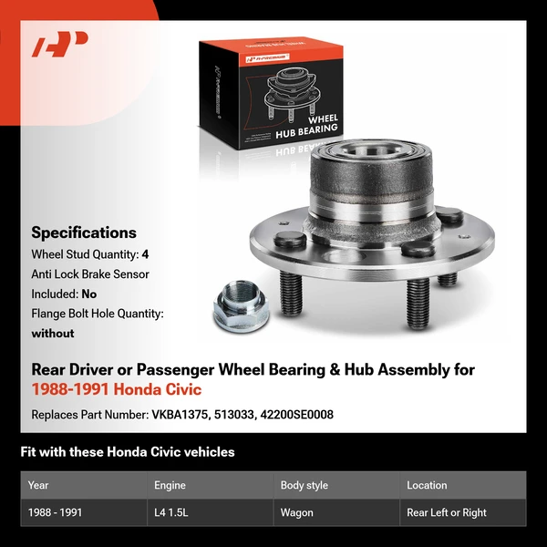 Rear Driver or Passenger Wheel Bearing & Hub Assembly for 1988-1991 Honda Civic