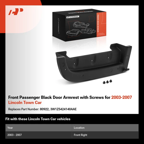 Front Passenger Black Door Armrest with Screws for 2003-2007 Lincoln Town Car