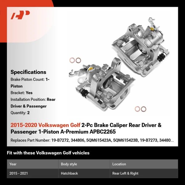 2015-2020 Volkswagen Golf 2-Pc Brake Caliper Rear Driver & Passenger 1-Piston A-Premium APBC2265