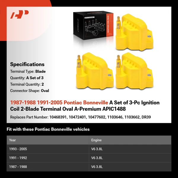 1987-1988 1991-2005 Pontiac Bonneville A Set of 3-Pc Ignition Coil 2-Blade Terminal Oval A-Premium APIC1488